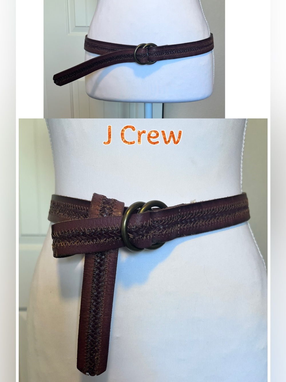 J. Crew Brown Braided Leather Double-Ring Belt Labeled XS/S  40” Long